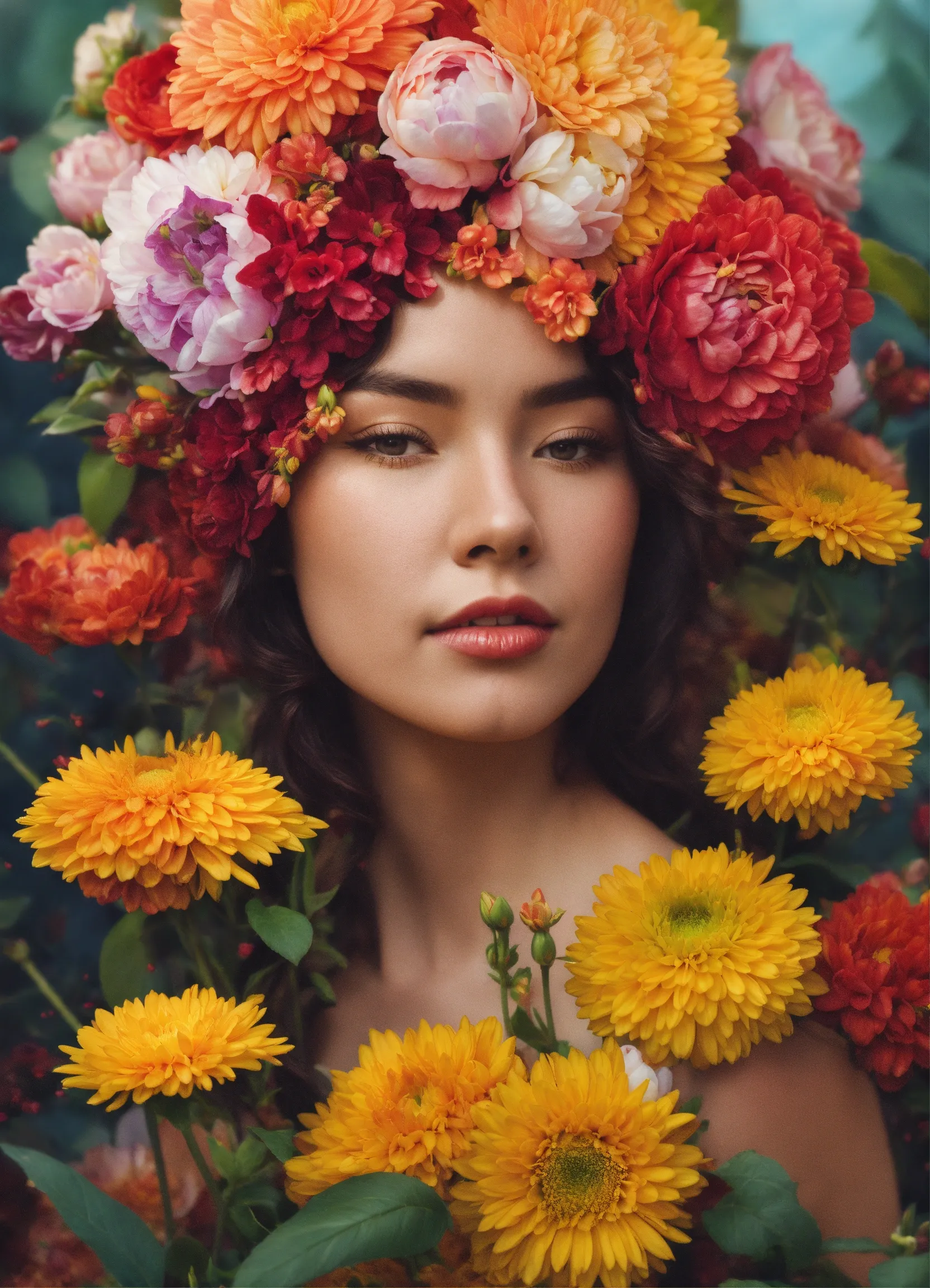 Arrangement with citrus fruits and flowers